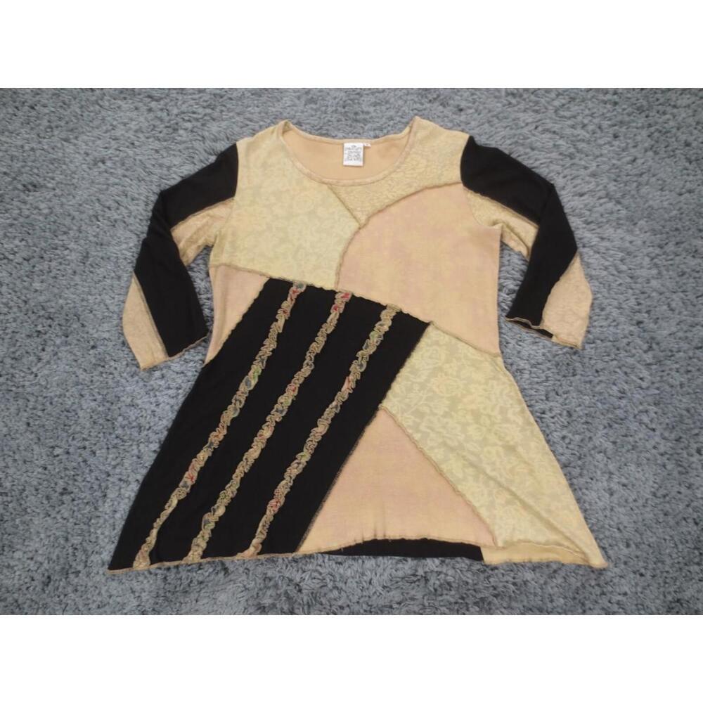 Parsley & Sage Top Womens Medium Beige 100% Cotton 3/4 Sleeve Patchwork Flared